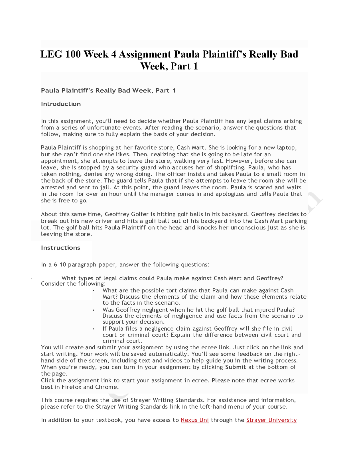 Preview of LEG 100 WEEK 4 ASSIGNMENT PAULA PLAINTIFFS REALLY BAD WEEK PART 1